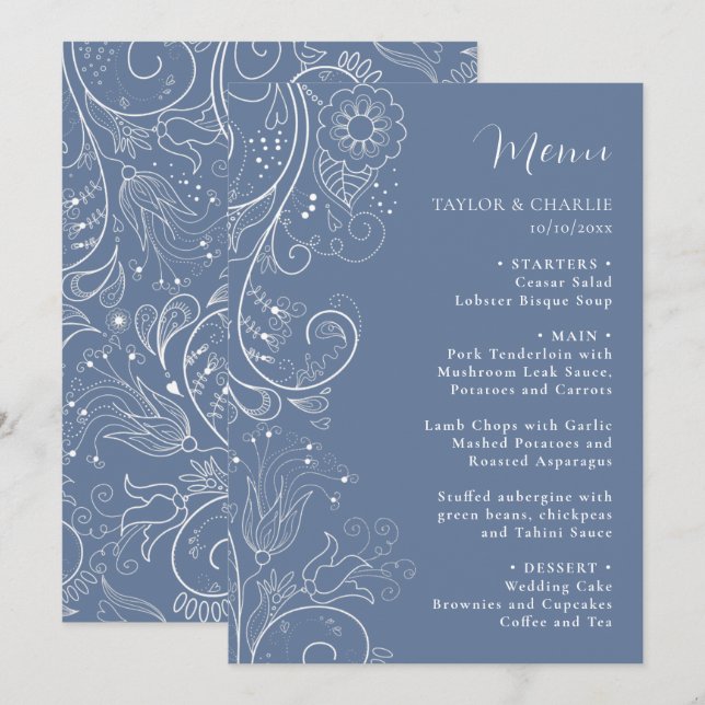 Dusty Blue Elegant Floral Wedding Menu (Front/Back)