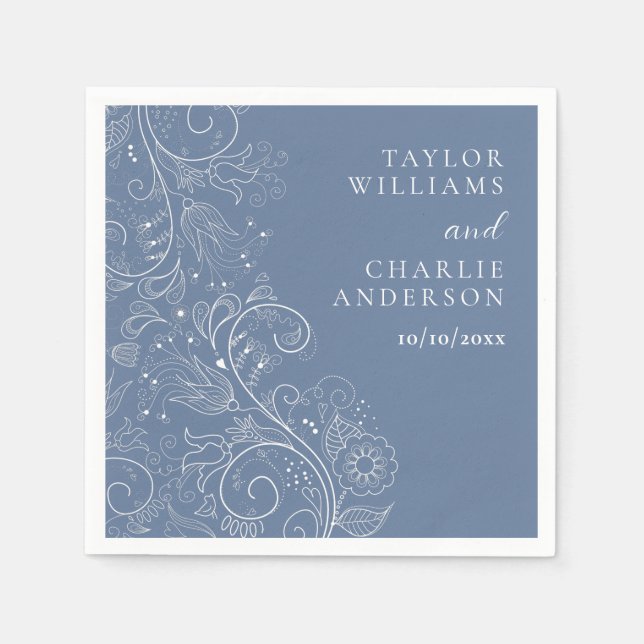 Dusty Blue Elegant Floral Wedding Napkin (Front)