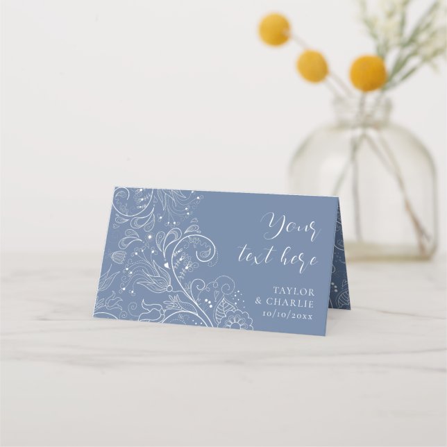 Dusty Blue Elegant Floral Wedding Place Card (Front)