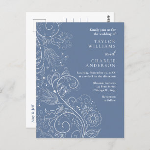 Dusty Blue Elegant Floral Wedding Postcard