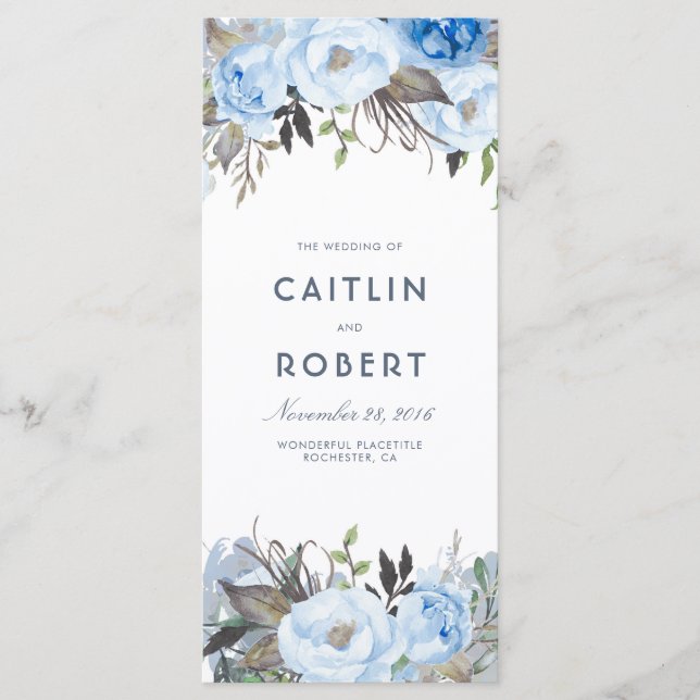 Dusty Blue Elegant Floral Wedding Programs Programme (Front)