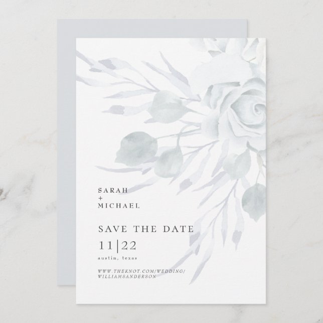 Dusty Blue Elegant Floral Wedding Save The Date (Front/Back)