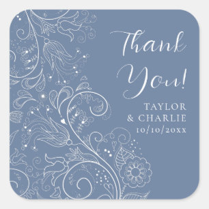 Dusty Blue Elegant Floral Wedding Thank You Square Sticker