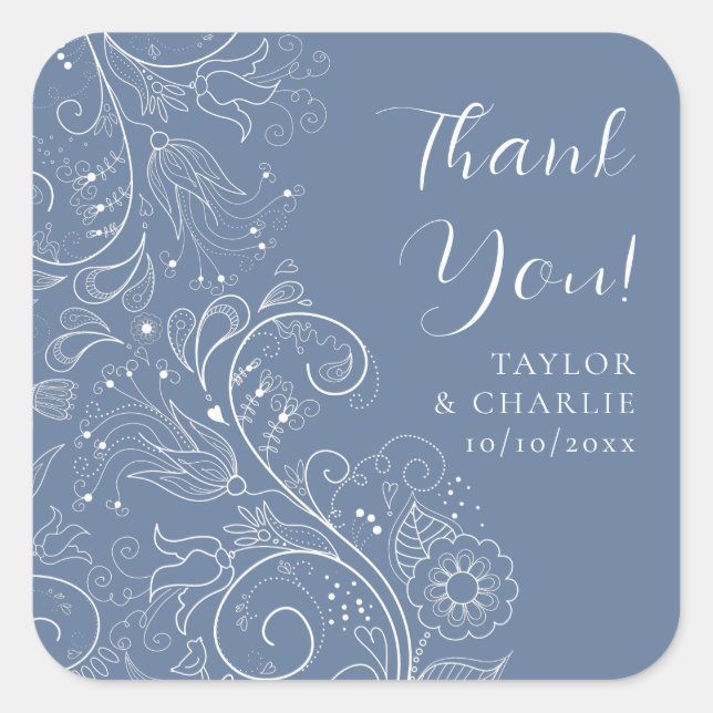 Dusty Blue Elegant Floral Wedding Thank You Square Sticker (Front)