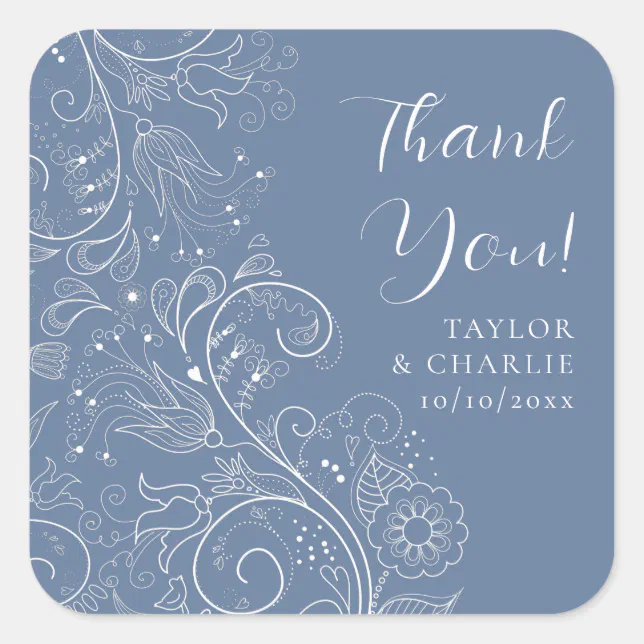 Dusty Blue Elegant Floral Wedding Thank You Square Sticker | Zazzle