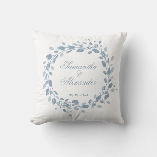 Dusty Blue Elegant Floral Wreath Wedding Script Cushion (Front)