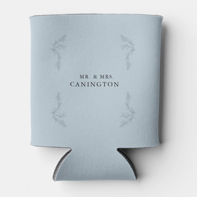 Dusty Blue Elegant Foliage Wedding Mr. & Mrs.  Can Cooler (Front)