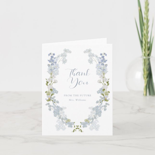 Dusty Blue Elegant Garden Shower Thank You Card (Front)