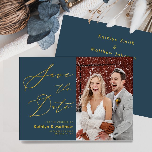 Dusty Blue Elegant Gold Script Modern Wedding Save The Date (Creator Uploaded)