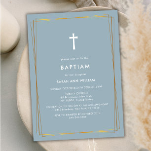 Dusty Blue Elegant Gold Typography Cross Baptism Invitation
