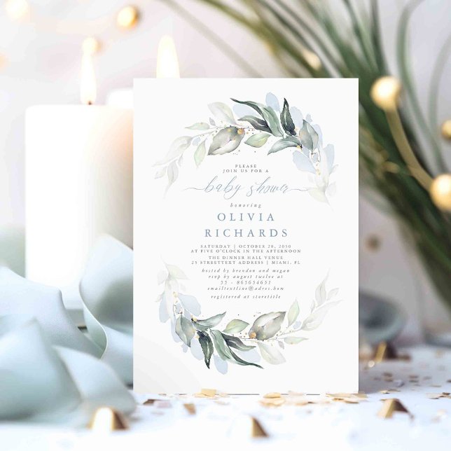 Dusty Blue Elegant Greenery Baby Shower Invitation (Dusty Blue Greenery Baby Shower Invitations)