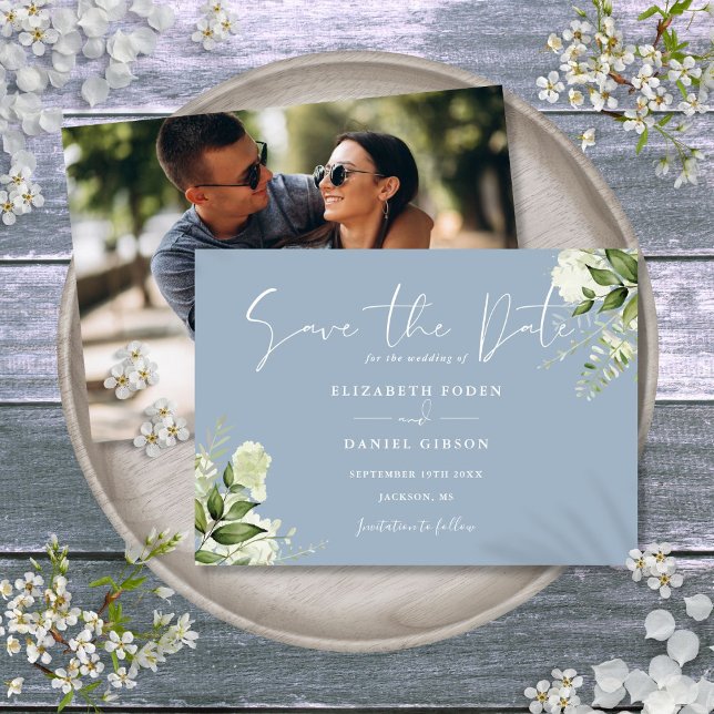Dusty Blue Elegant Greenery Floral Photo Wedding Save The Date (Dusty Blue Elegant Greenery Floral Photo Wedding Save The Date)