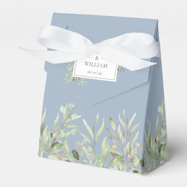 Dusty Blue Elegant Greenery Foliage Wedding Favour Box (Front Side)