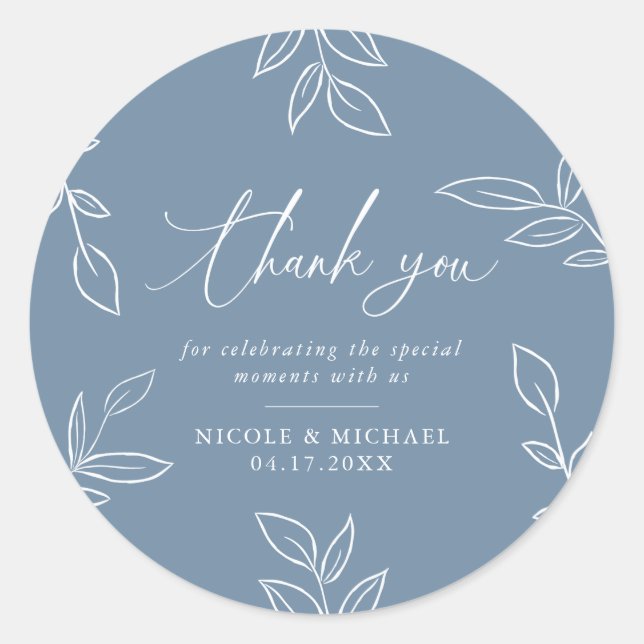Dusty Blue Elegant Leaves Wedding Thank You Classic Round Sticker (Front)