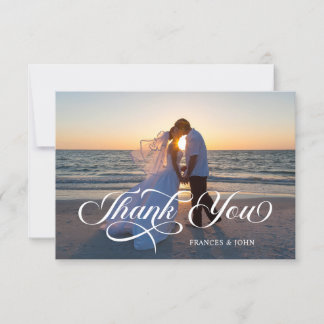 Dusty Blue Elegant Lettering Wedding Photo Thank You Card