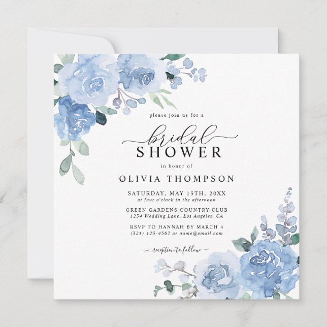 Dusty Blue Elegant Light Botanical Bridal Shower Invitation (Front)