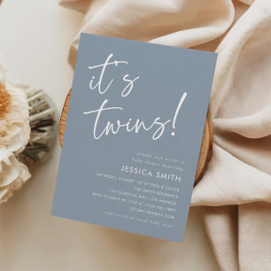 Dusty Blue Elegant Minimalist Twins Baby Shower Invitation