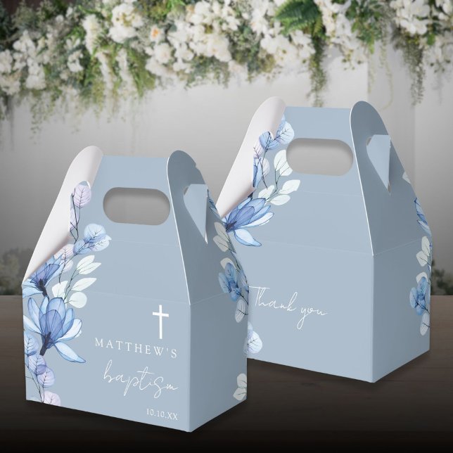 Dusty Blue Elegant Modern Floral Baptism Favour Box (Dusty Blue Elegant Modern Floral Baptism Favor Boxes)