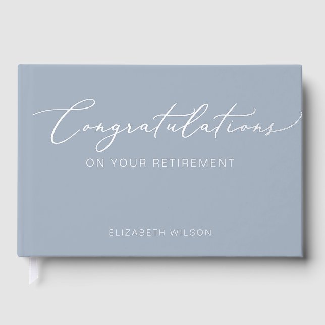 Dusty Blue Elegant Modern Retirement Guest Book (Front)