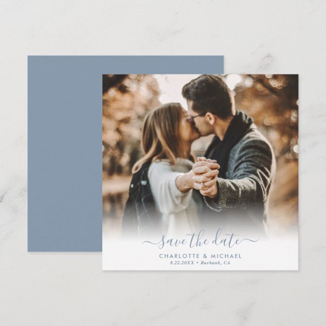 Dusty Blue Elegant Modern Script Wedding Photo Announcement (Front/Back)