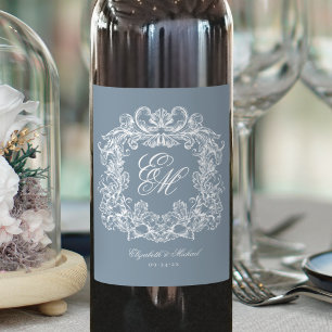 Dusty Blue Elegant Monogram Crest Vintage Wedding Wine Label