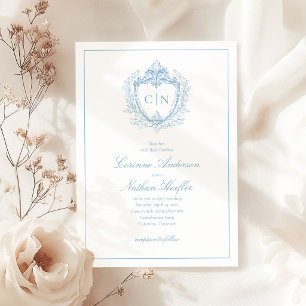 Dusty Blue Elegant Monogram Crest Wedding Invitation