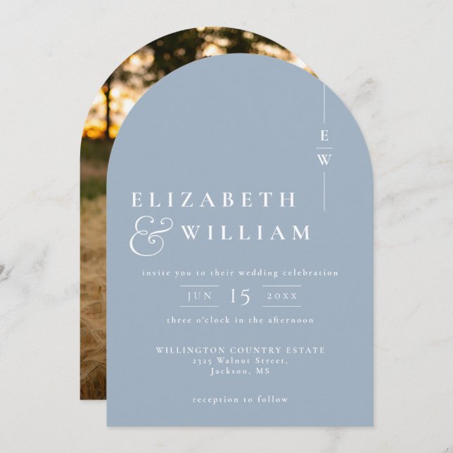 Dusty Blue Elegant Monogram Photo Wedding Arch Invitation (Front/Back)