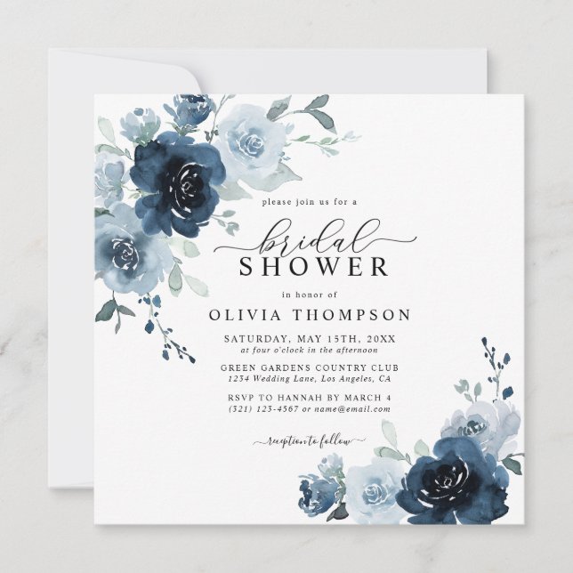 Dusty Blue Elegant Navy Botanical Bridal Shower Invitation (Front)