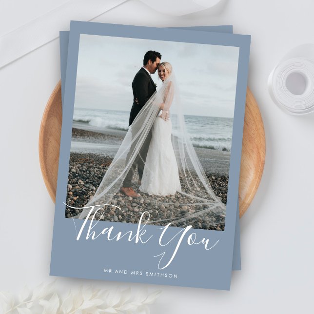 Dusty Blue Elegant Photo Wedding Thank You Card (Creator Uploaded)