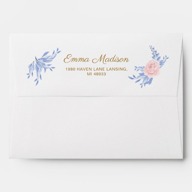 Dusty Blue Elegant Pink Floral Rustic Wedding Enve Envelope (Back (Top Flap))