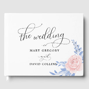 Dusty Blue Elegant Pink Floral Rustic Wedding Guest Book