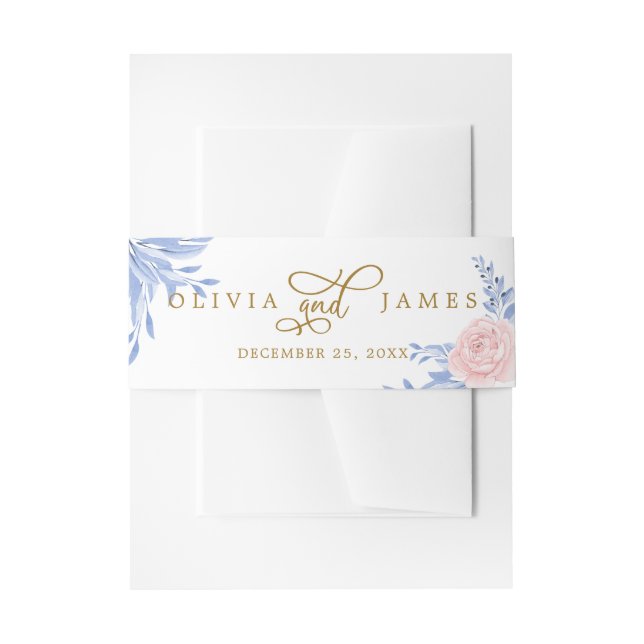 Dusty Blue Elegant Pink Floral Rustic Wedding Invi Invitation Belly Band (Front Example)