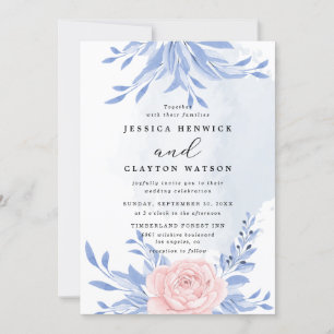 Dusty Blue Elegant Pink Floral Rustic Wedding Invitation
