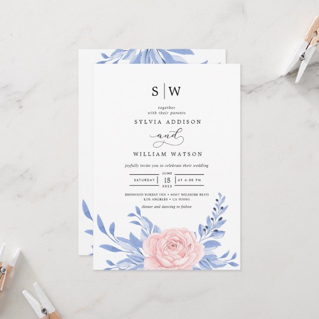 Dusty Blue Elegant Pink Floral Rustic Wedding Invitation (Front/Back In Situ)
