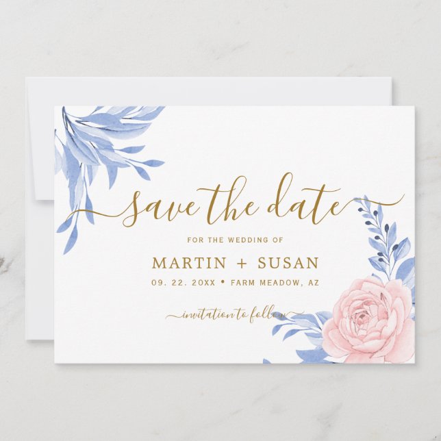 Dusty Blue Elegant Pink Floral Rustic Wedding Save The Date (Front)