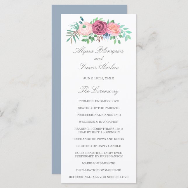 Dusty Blue Elegant Pink Floral Wedding Programme (Front/Back)