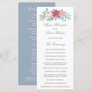 Dusty Blue Elegant Pink Floral Wedding Programme