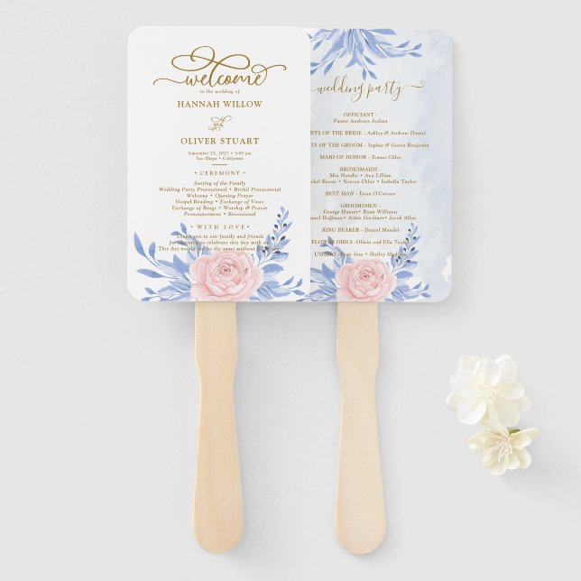 Dusty Blue Elegant Pink Floral Wedding Programs Hand Fan (Front and Back)