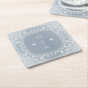 Dusty blue elegant romantic vintage monogram square paper coaster