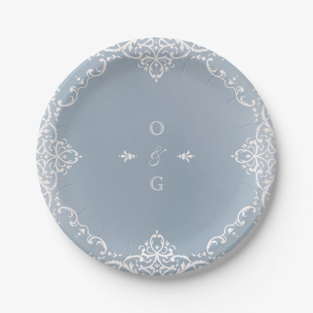 Dusty blue elegant romantic vintage wedding paper plate (Front)