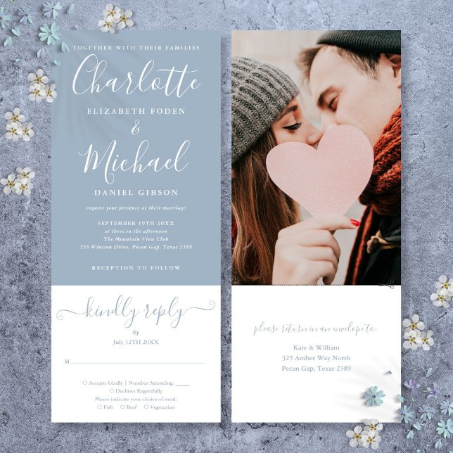 Dusty Blue Elegant Script All In One Photo Wedding Invitation (Dusty Blue Elegant Script All In One Photo Wedding Invitation)