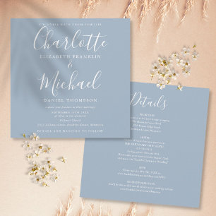 Dusty Blue Elegant Script All In One Wedding Invitation