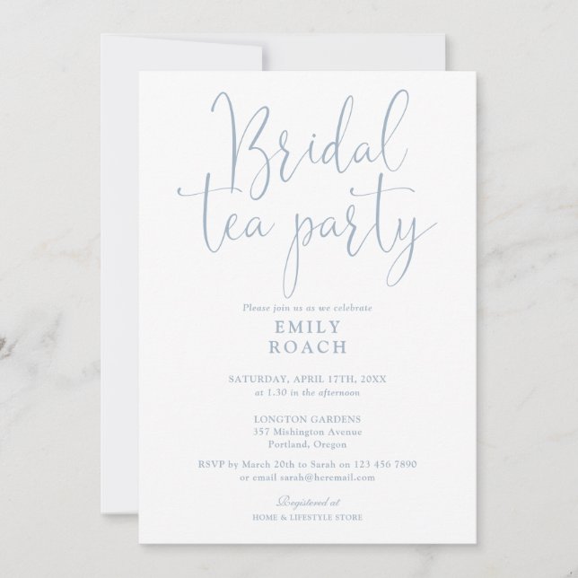 Dusty Blue Elegant Script Bridal Tea Party Shower Invitation (Front)