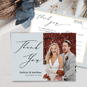 Dusty Blue Elegant Script Chic Wedding Thank You Postcard