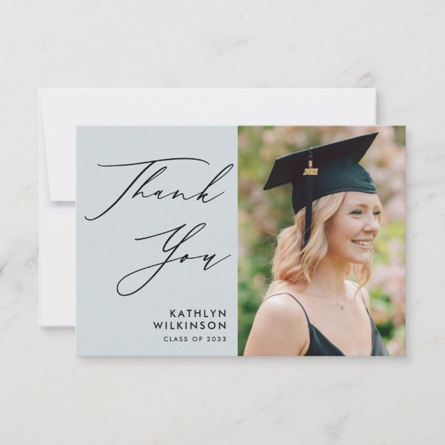 Dusty Blue Elegant Script Graduation Thank You Invitation (Front)