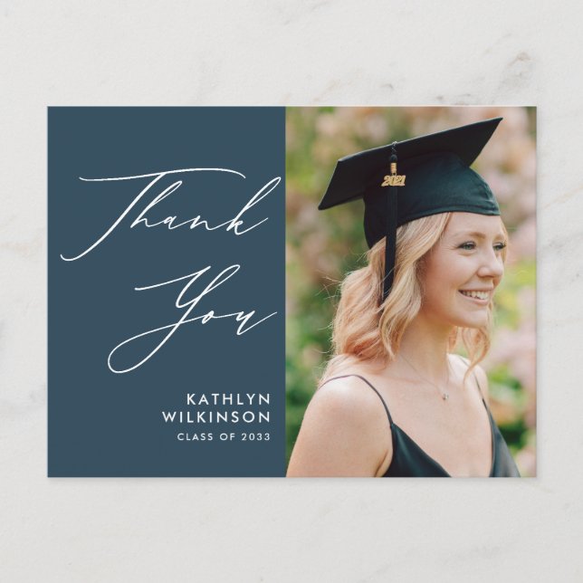 Dusty Blue Elegant Script Graduation Thank You Postcard (Front)