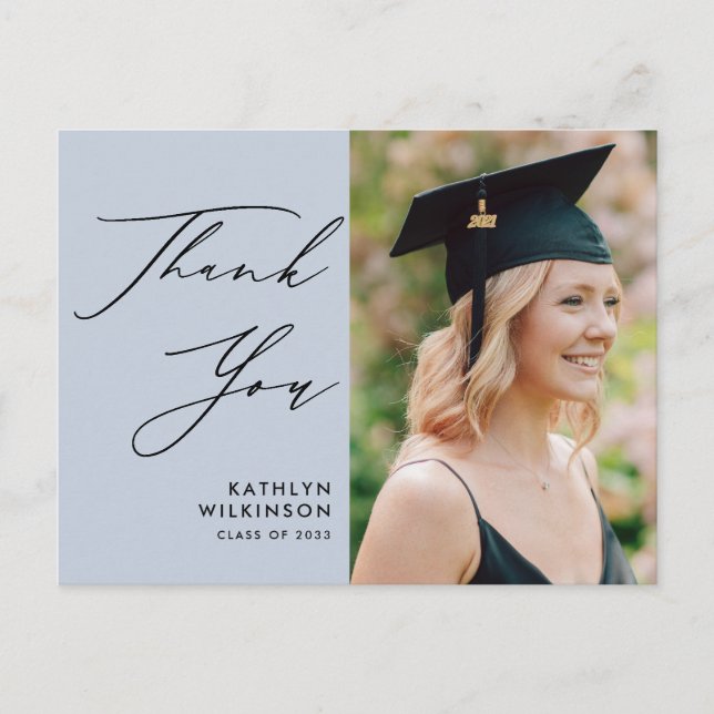 Dusty Blue Elegant Script Graduation Thank You Postcard (Front)