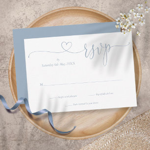 Dusty Blue Elegant Script Heart Simple RSVP Card
