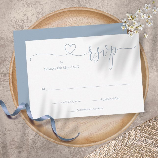 Dusty Blue Elegant Script Heart Simple RSVP Card (Creator Uploaded)