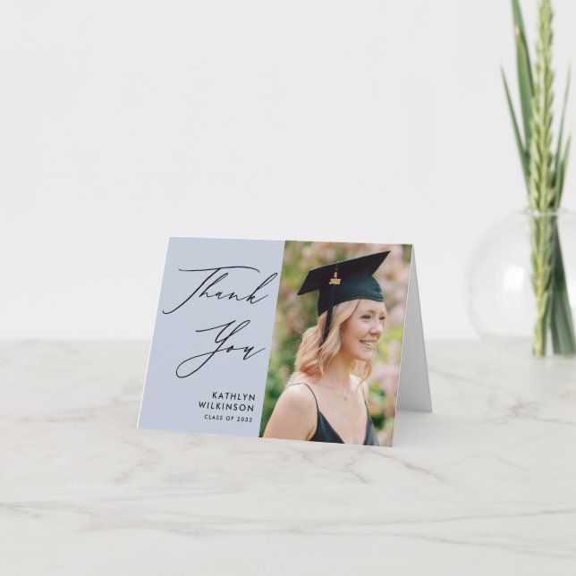 Dusty Blue Elegant Script Minimalist Graduation Thank You Card (Front)